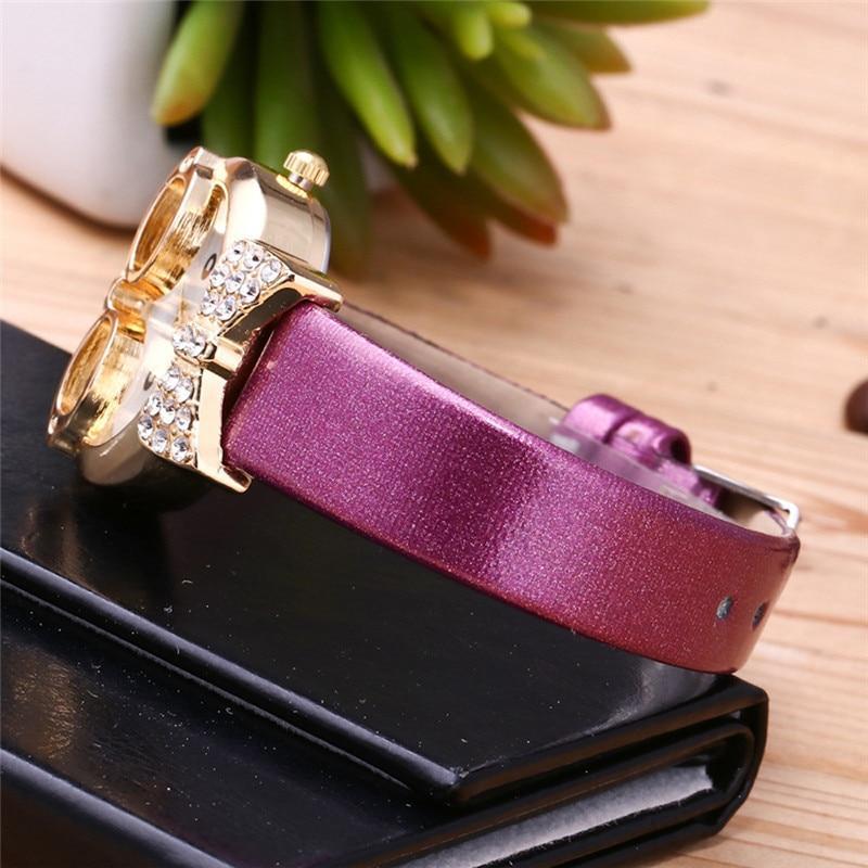 Brehn | Ansprechende Funky Brille Katze Mit Steinen Und Echtem Lederarmband Damen Uhr