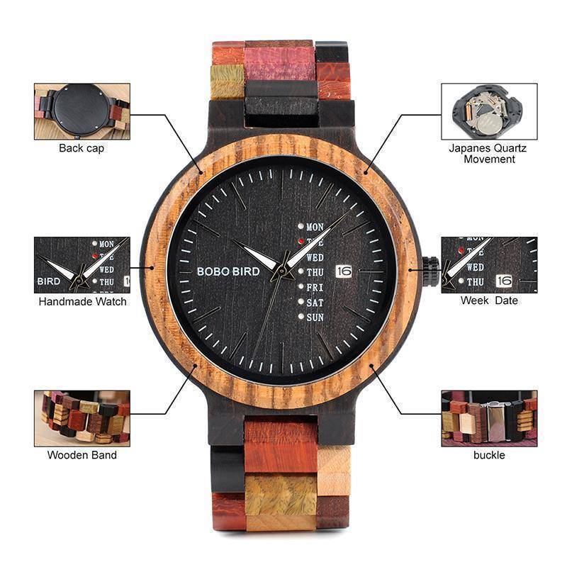 Brehn | Herren Holz Uhr mit Wochendatum Anzeige in Holz Geschenkbox