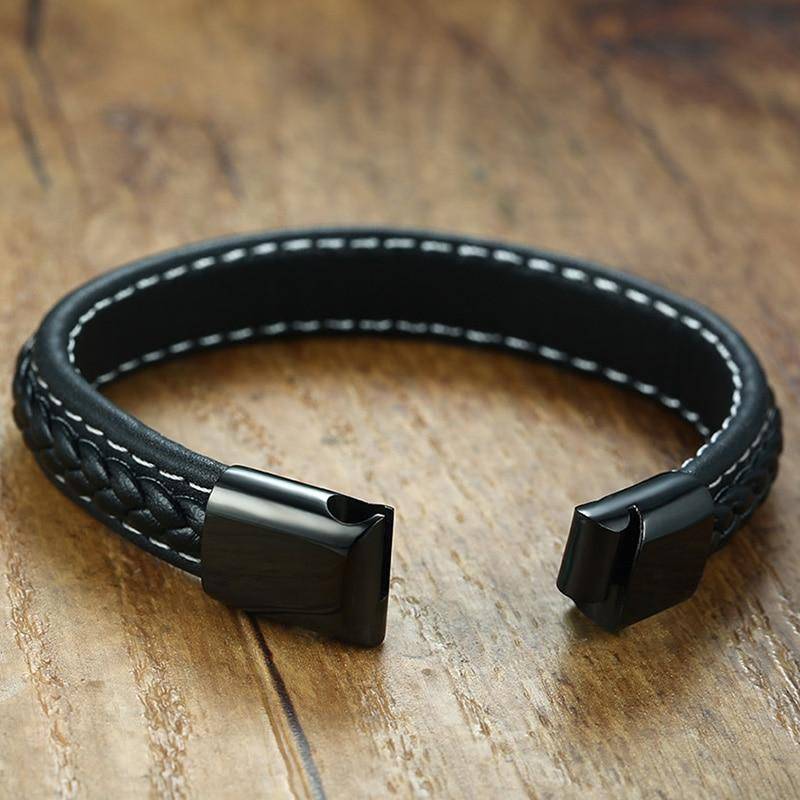 Brehn | Herren Diabetes Medizinischer Alarm-ID-Armband - Gestepptes Schwarzes Leder - Für Typ 1 und Typ 2 Diabetes