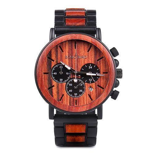 Brehn | Holz- und Edelstahl Holz-Uhr mit leuchtenden Zeigern Herren Quarz Armbanduhr