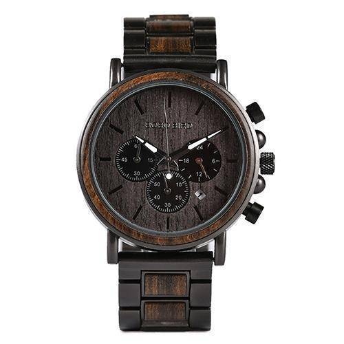 Brehn | Holz- und Edelstahl Holz-Uhr mit leuchtenden Zeigern Herren Quarz Armbanduhr