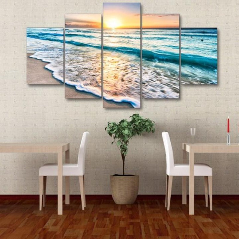 5-teiliges Leinwandbild „Sonnenuntergang am Strand“ | Küsten- und Sonnenuntergangsdekoration für Wohn- und Schlafzimmer