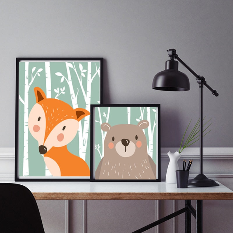 Waldtiere Kaninchen Fuchs Bär Kinderzimmer - Leinwandbild