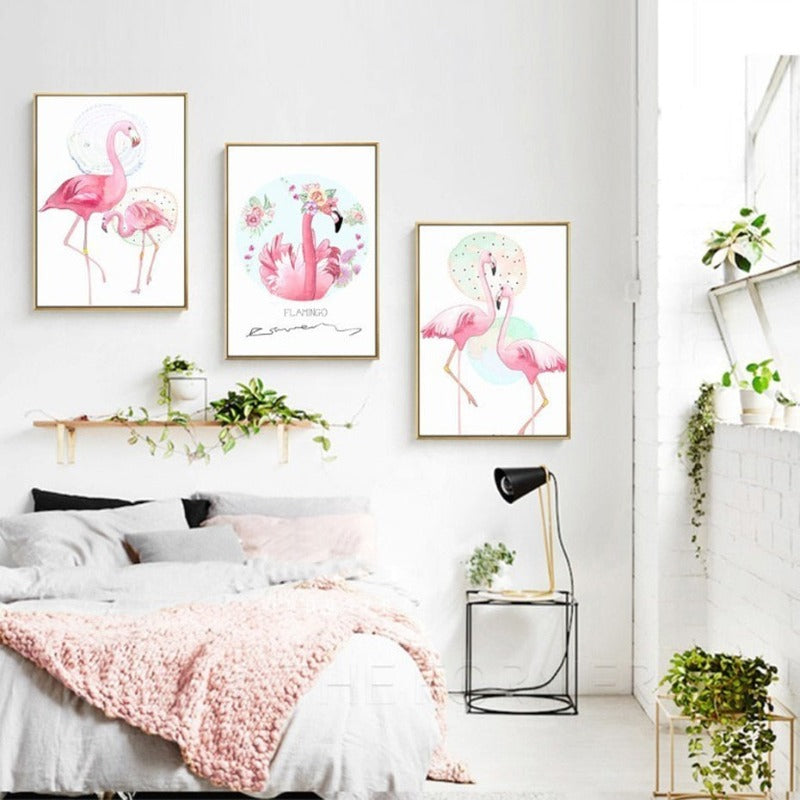 Pink Flamingo Tiere Blumen Poster - Leinwand Wandkunst Gemälde