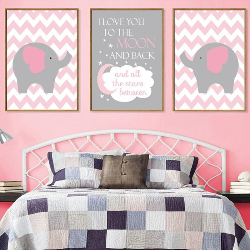 Nordischer Cartoon-Elefant mit rosa Mond - Leinwandbild