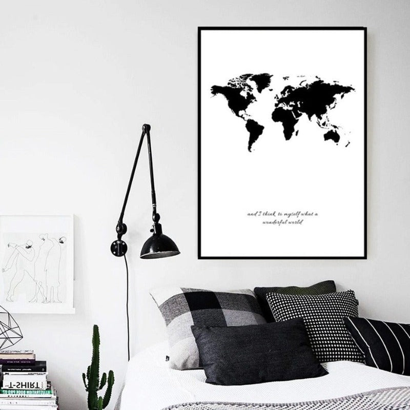 Schwarze Weiße Weltkarte - Leinwand Wandkunst Gemälde