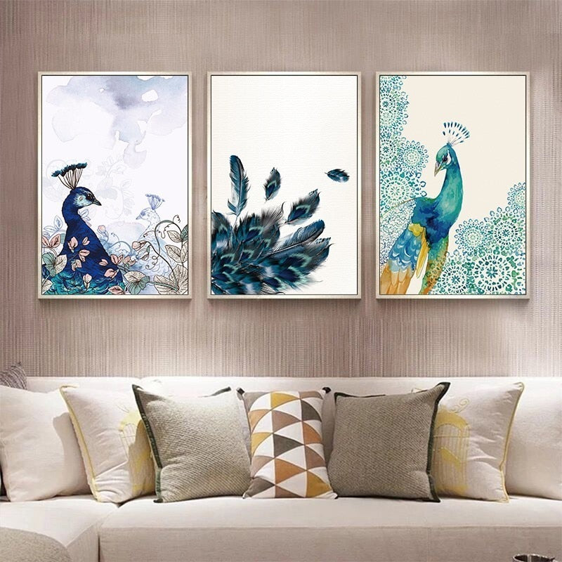 Schöner Pfau Tiere Blumen Poster - Leinwand Wandkunst Gemälde