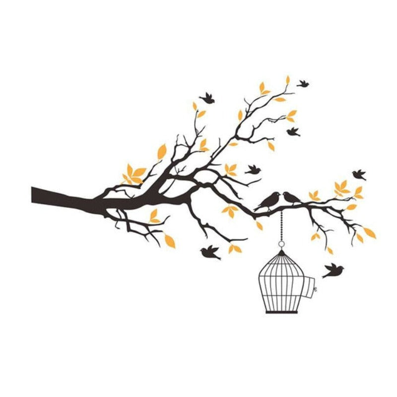 Wandtattoo „Baumzweig mit Vogelkäfig“, abnehmbare Vinyl-Wandaufkleber