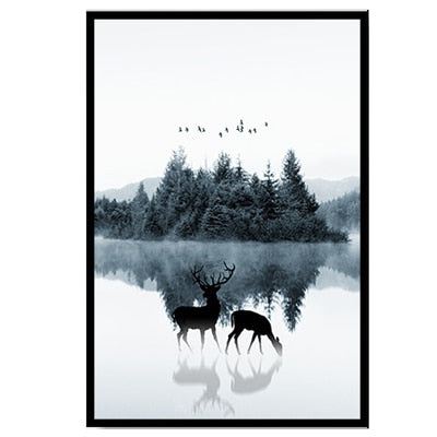 Nordische Landschaft mit Hirschen – Leinwandbild