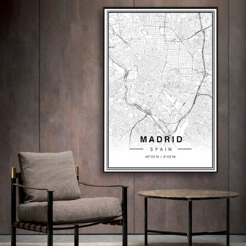 Schwarz-Weiß Madrid Stadtkarte Breitengrad Längengrad Drucke Poster