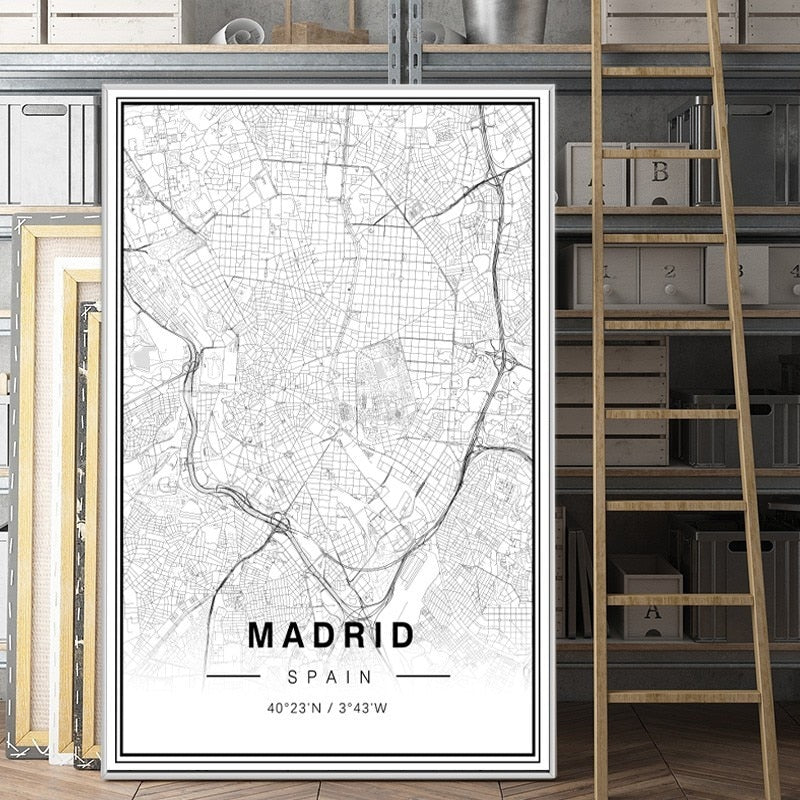Schwarz-Weiß Madrid Stadtkarte Breitengrad Längengrad Drucke Poster