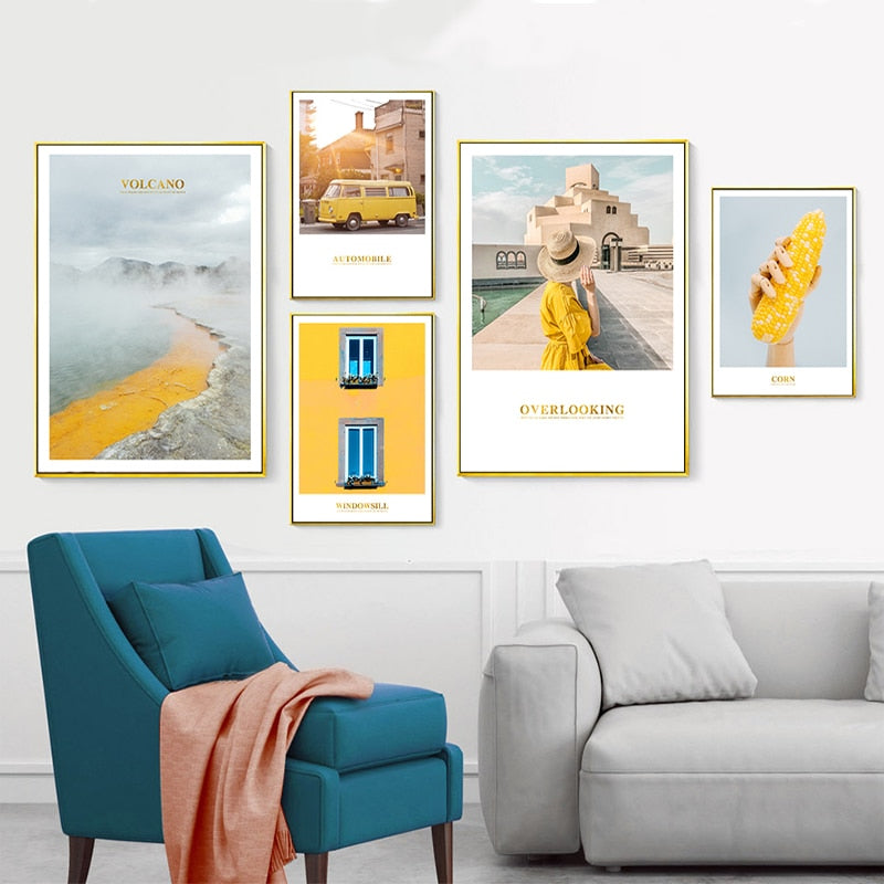 Modern gelbes Landschaftswandkunstposter - Leinwand Wandkunstgemälde