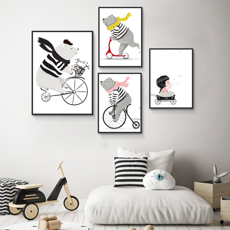 Spielender Bär Auf Fahrrad - Leinwand Wandkunst Malerei
