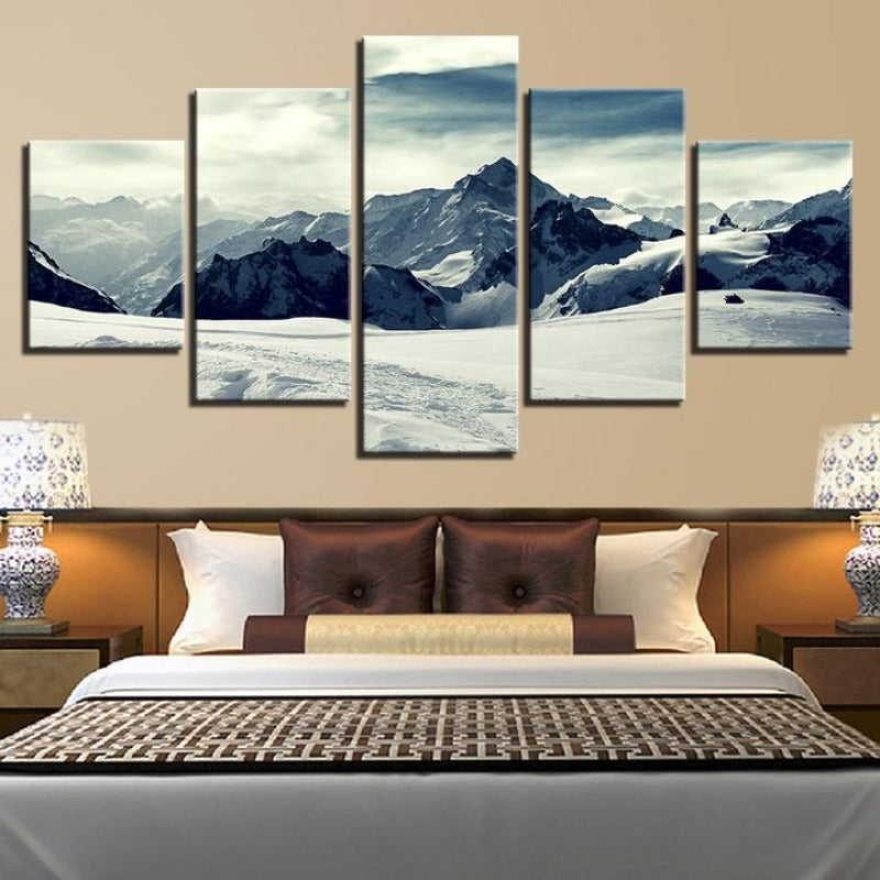 Schneebedeckte Berge – 5-teiliges Leinwandbild | Von der Natur inspirierte Wandkunst