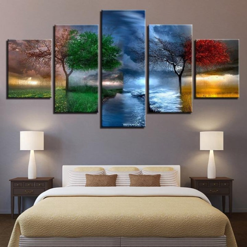 Jahreszeiten im Baum – 5-teiliges Leinwandbild | Von der Natur inspirierte Wandkunst