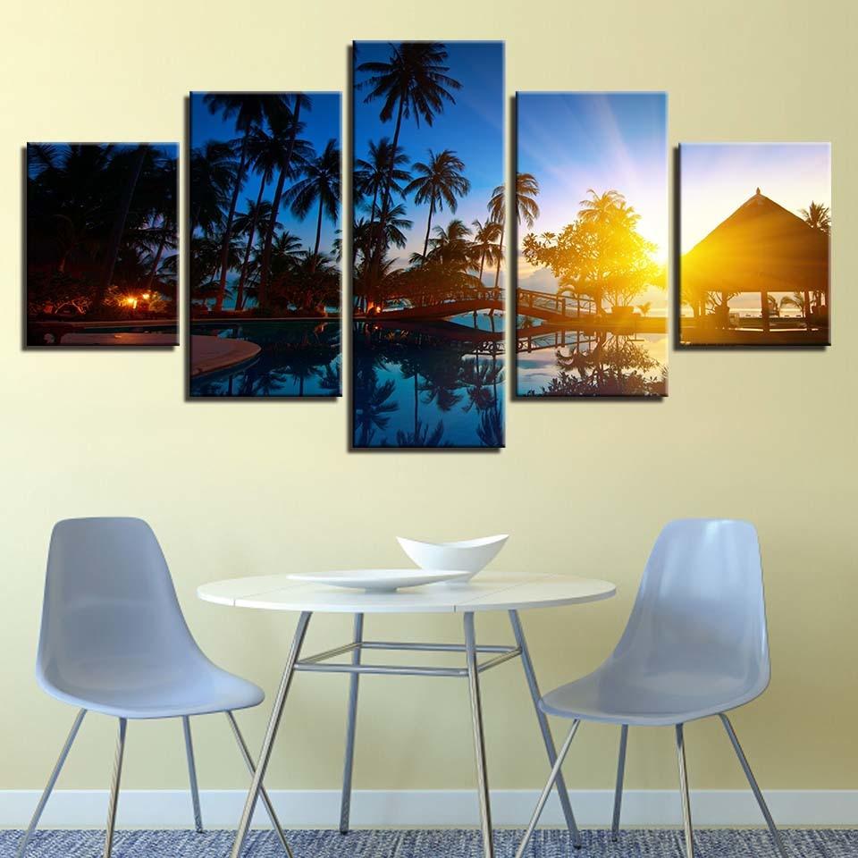 Kokosnüsse und Sonnenuntergang Meerblick - Leinwand Wandkunst Malerei