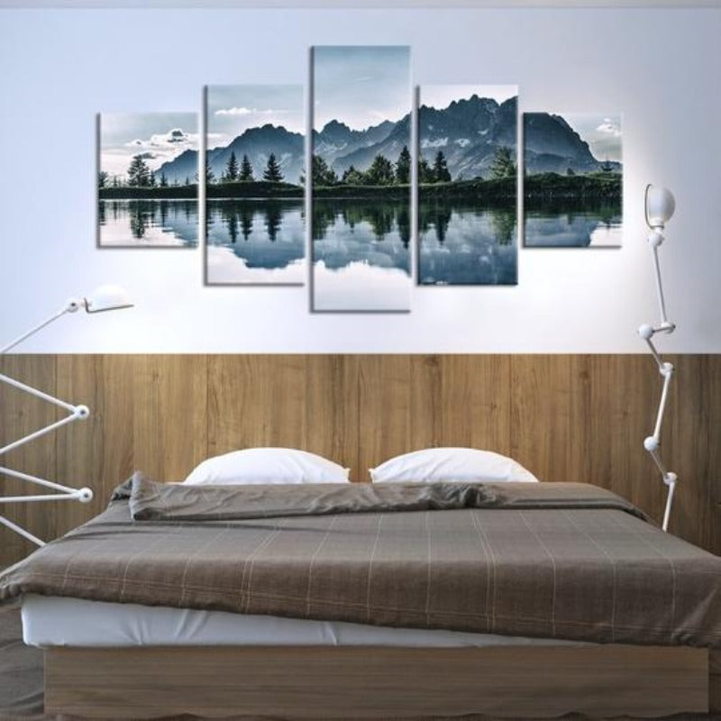 Berge See Baum Landschaft - Leinwand Wandkunst Gemälde