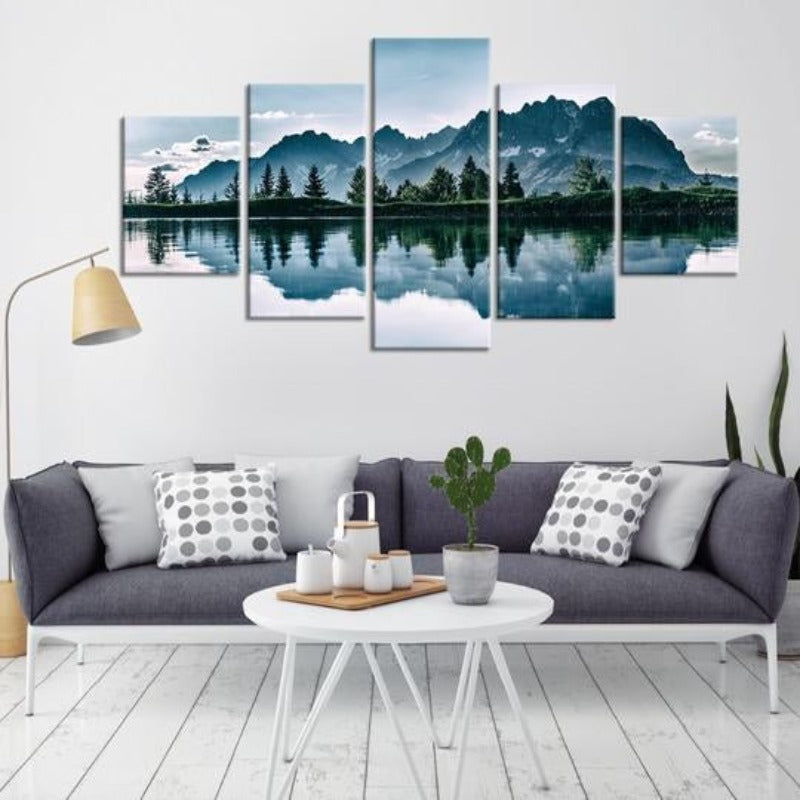 Berge See Baum Landschaft - Leinwand Wandkunst Gemälde