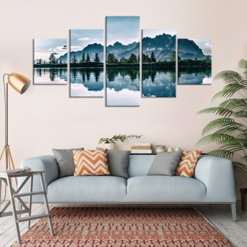 Berge See Baum Landschaft - Leinwand Wandkunst Gemälde