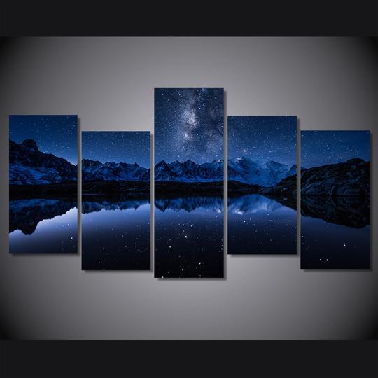Sternenklare blaue Nacht: Hochwertiges 5-teiliges Leinwandbild mit funkelndem Himmelsmotiv