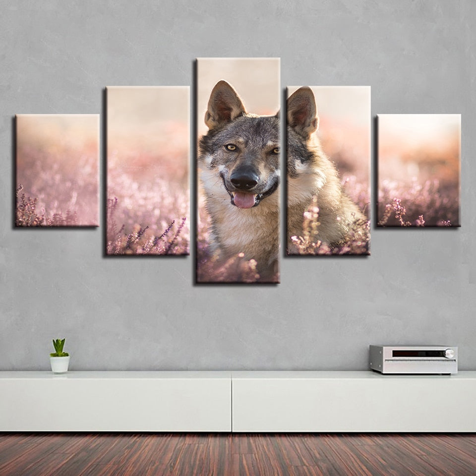 Flower Field Wolfdog - Leinwand Wandkunst Gemälde