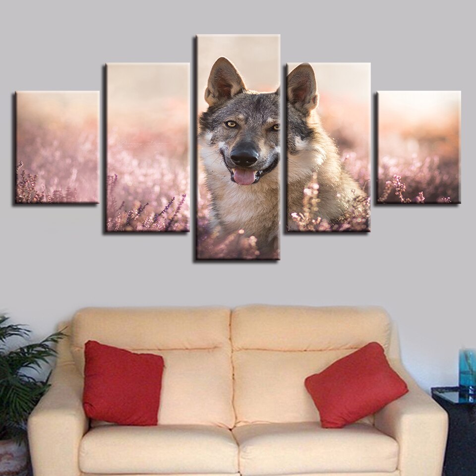 Flower Field Wolfdog - Leinwand Wandkunst Gemälde