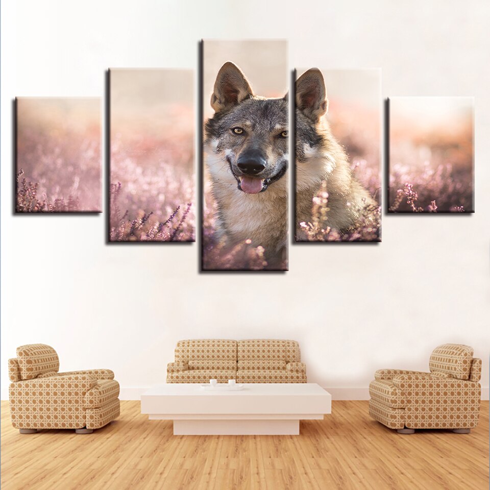 Flower Field Wolfdog - Leinwand Wandkunst Gemälde