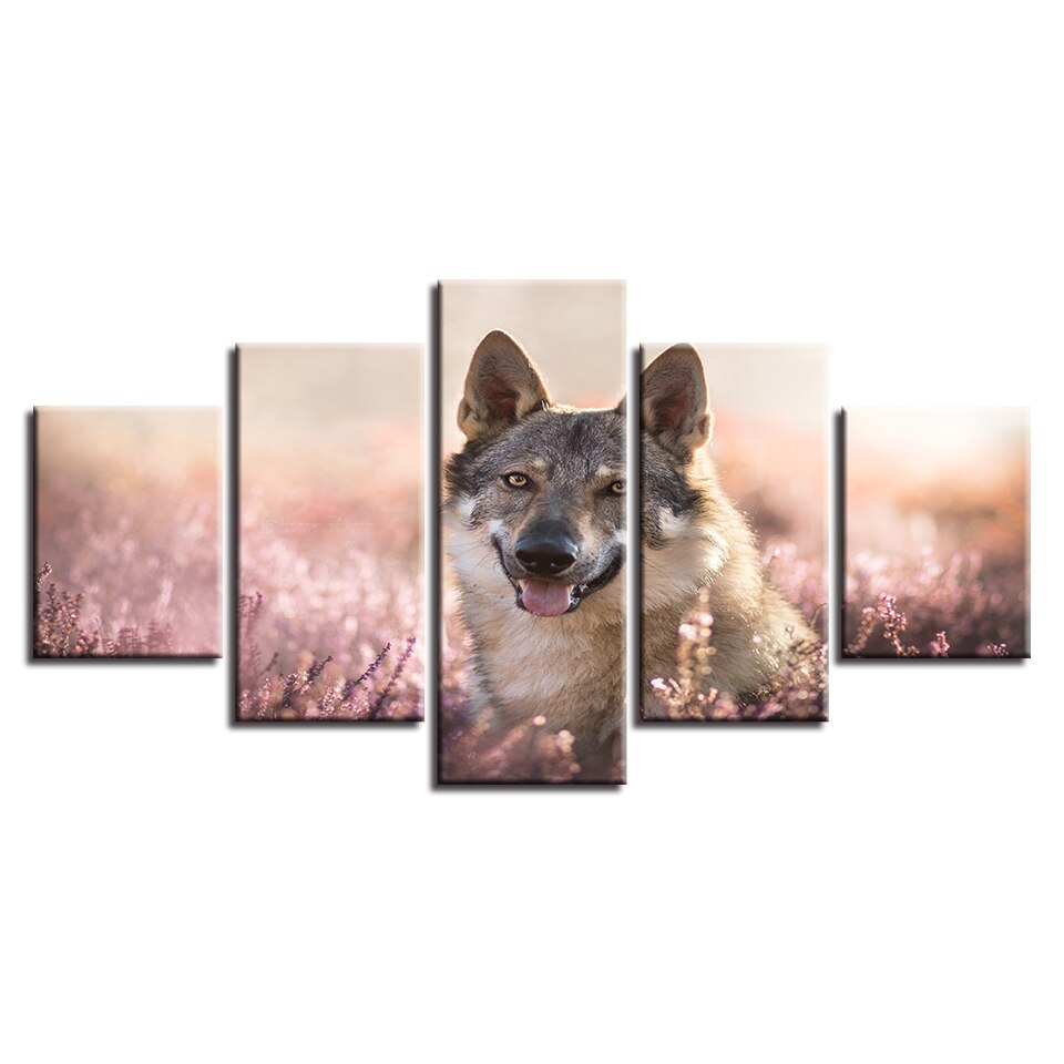 Flower Field Wolfdog - Leinwand Wandkunst Gemälde