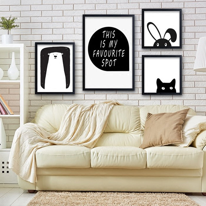 Minimalist Schwarz-Weiß Cartoon Bären Kinderzimmer Dekor - Leinwand Wandkunst Malerei