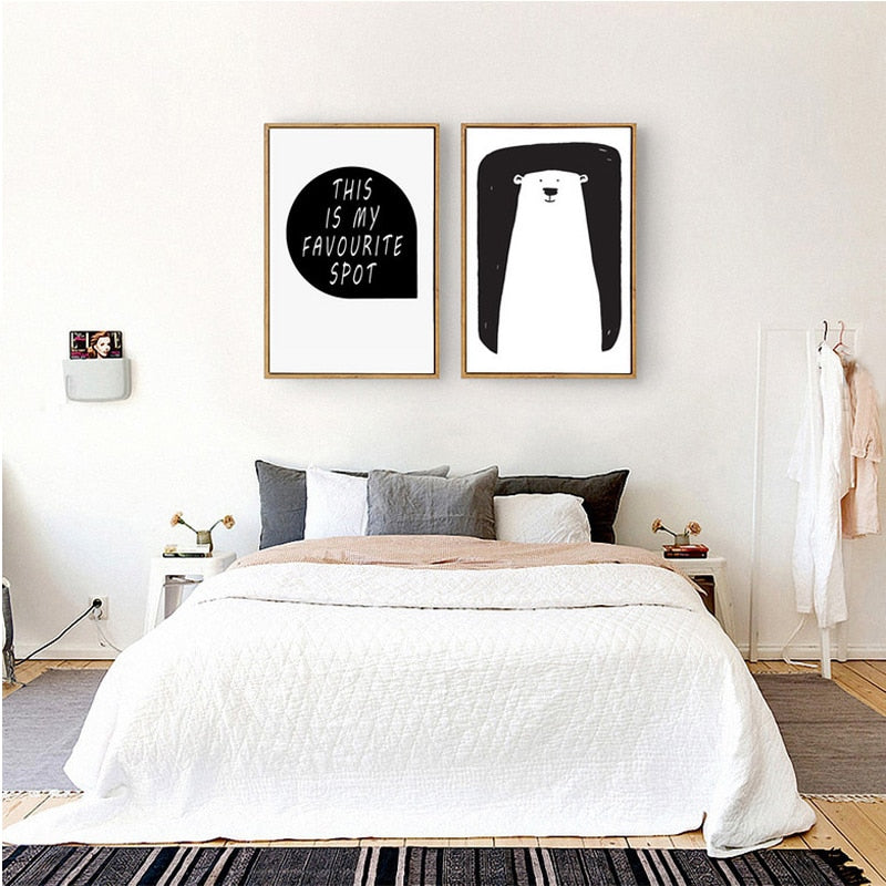 Minimalist Schwarz-Weiß Cartoon Bären Kinderzimmer Dekor - Leinwand Wandkunst Malerei