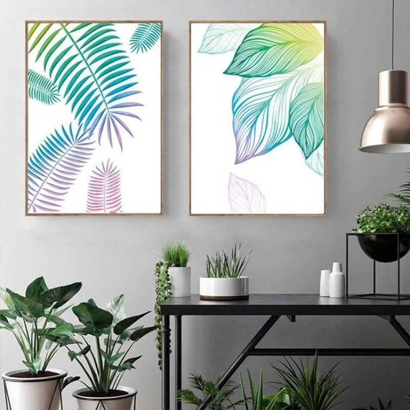 Modernes nordisches Leinwandbild mit frischen Blättern