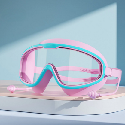 Schwimmbrille - Auslaufsichere Schwimmmaske mit Panoramasicht für Kinder mit Nasenclips und Ohrstöpseln