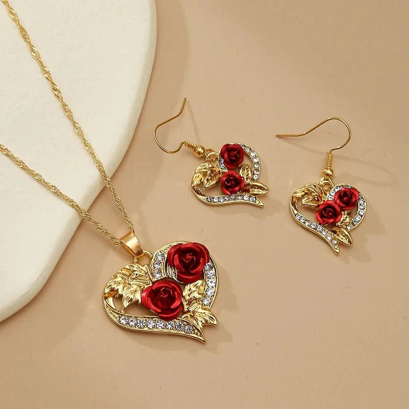 Brehn | Romantisches Herz-Rosen-Diamant-Halsketten- und Ohrring-Set