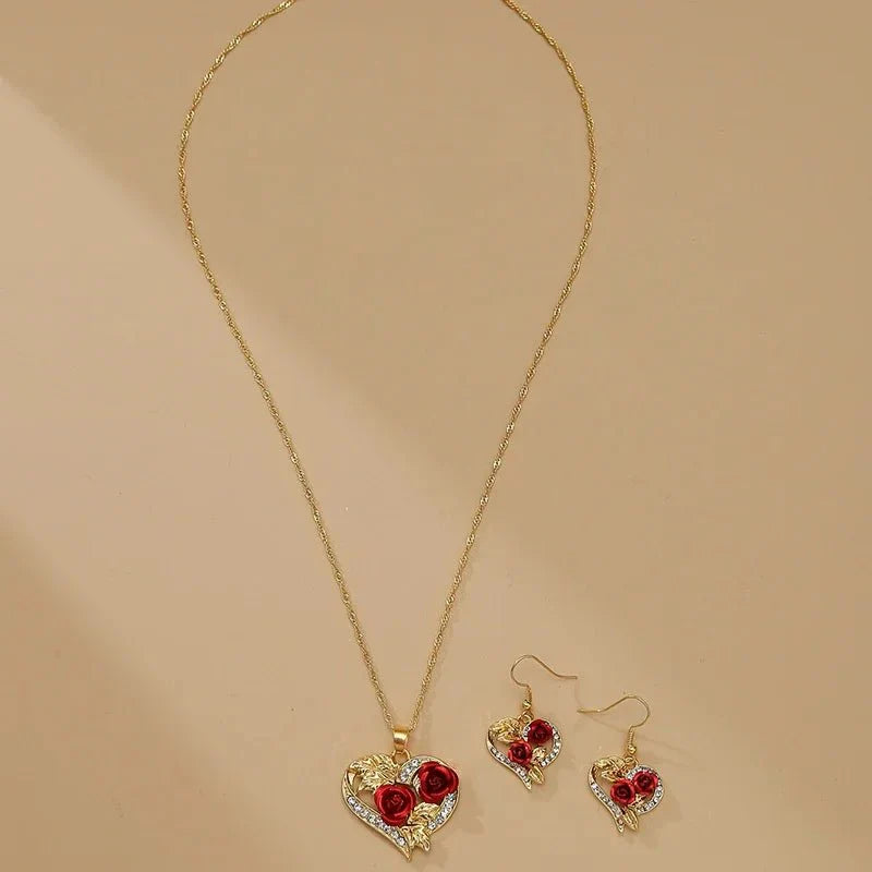 Brehn | Romantisches Herz-Rosen-Diamant-Halsketten- und Ohrring-Set