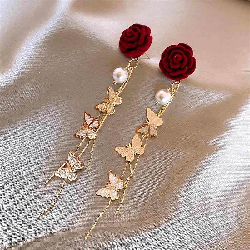 Brehn | Romantische Rose Perle Schmetterling Ohrringe
