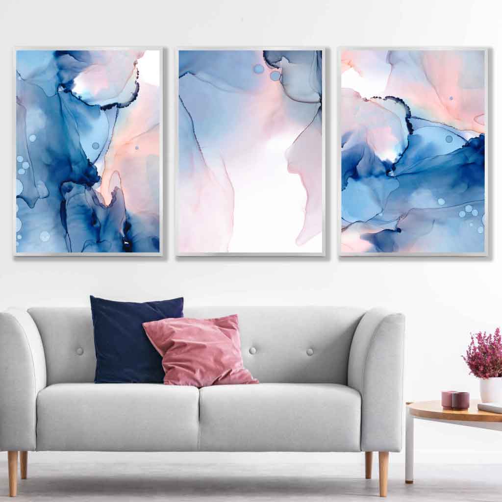 Abstraktes Wandbild-Set in Blau und Rosa, 3 Poster
