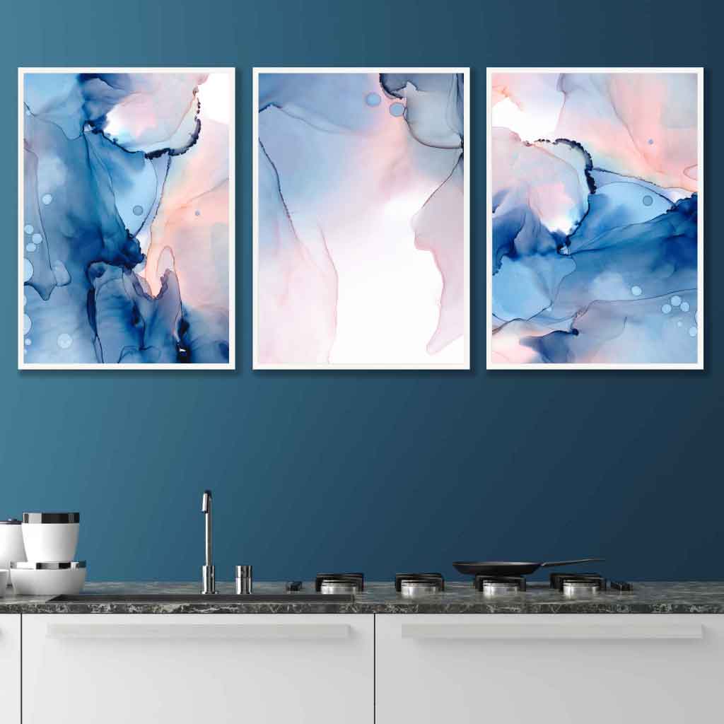 Abstraktes Wandbild-Set in Blau und Rosa, 3 Poster
