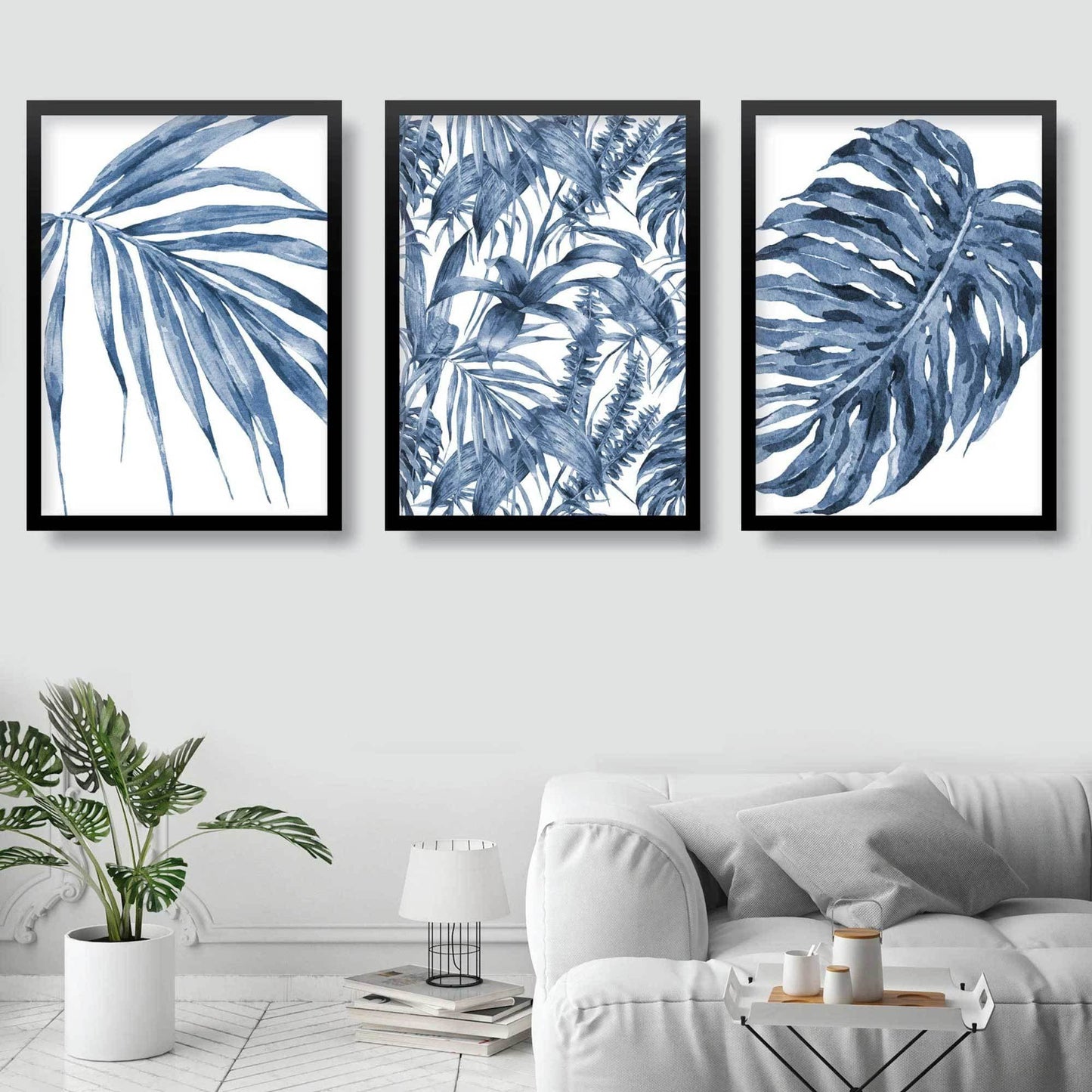 BOTANISCHES Set aus 3 marineblauen Blumen-Kunstdrucken