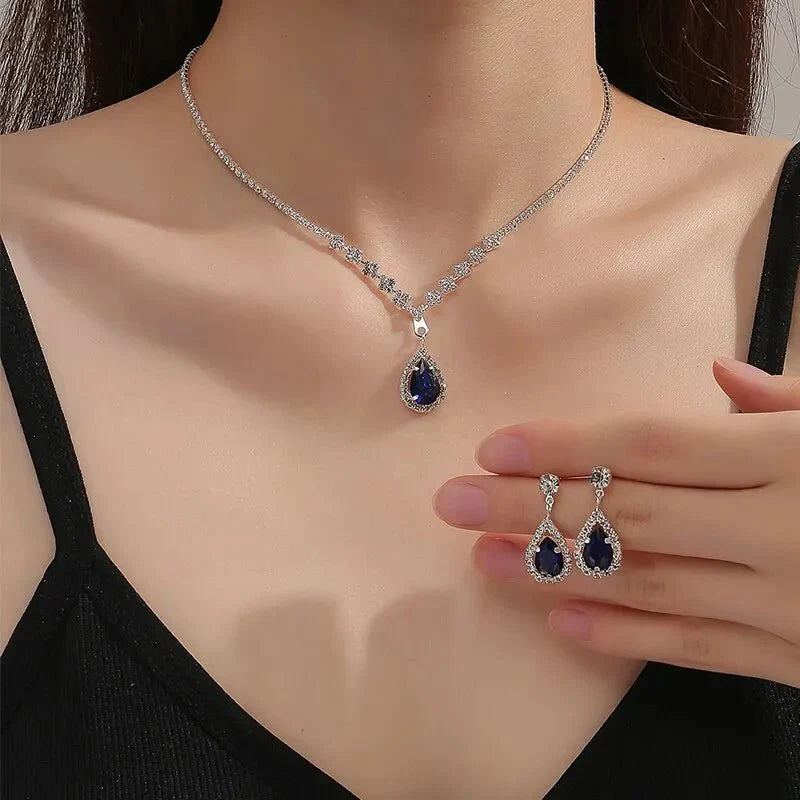 Brehn | Schimmerndes Blaues Tropfen-Diamant-Halsketten- und Ohrringe-Set