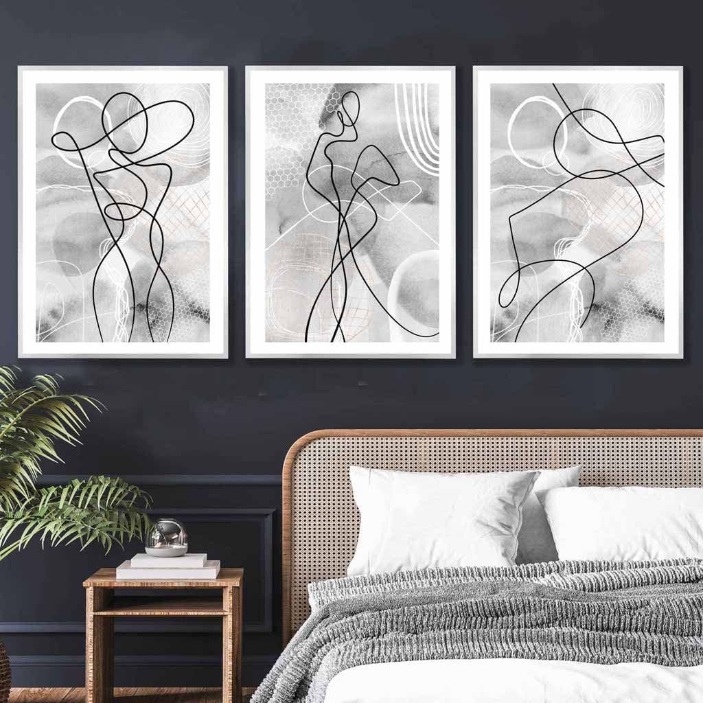 Abstraktes Set aus 3 Mode-Linienkunst-Wandbildern in Schwarz und Grau