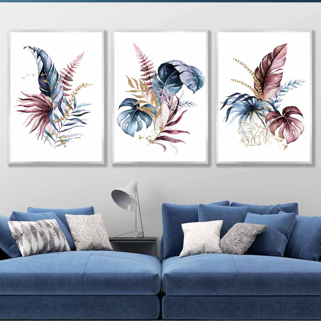 Botanisches Set aus 3 rosa-blauen floralen Wandbildern