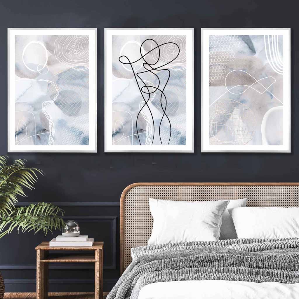 Abstraktes Set aus 3 Kunstdrucken mit Modelinien in Blau und Beige