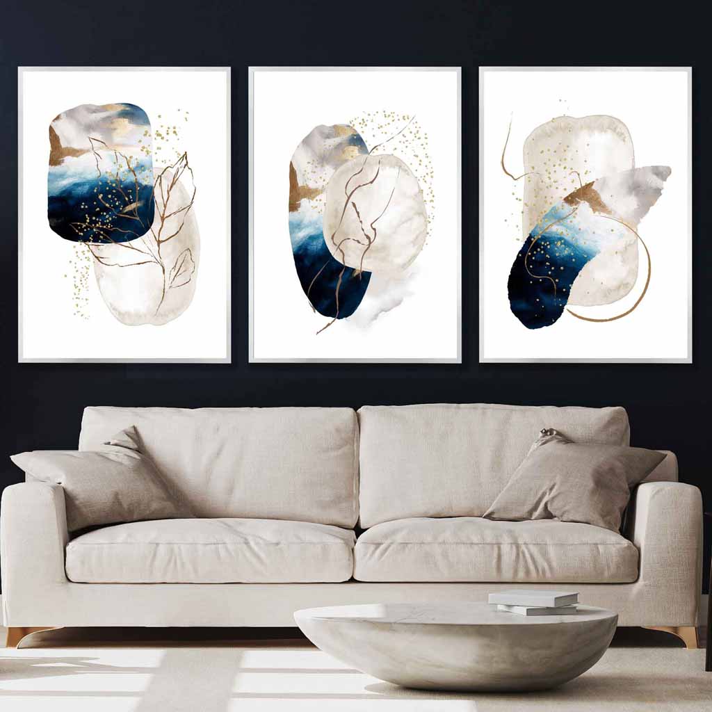 Abstraktes, strukturiertes Wandbild-Set in Marineblau, Elfenbein und Gold (3-teilig)