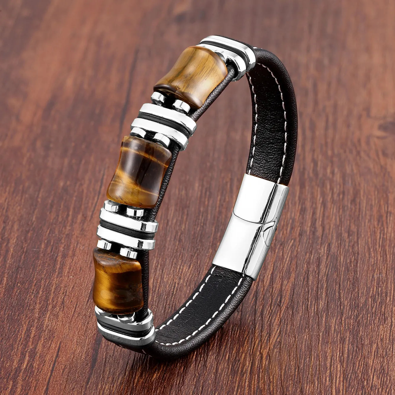 Armband aus Leder und Gold | Herrenschmuck mit Tigeraugenperlen