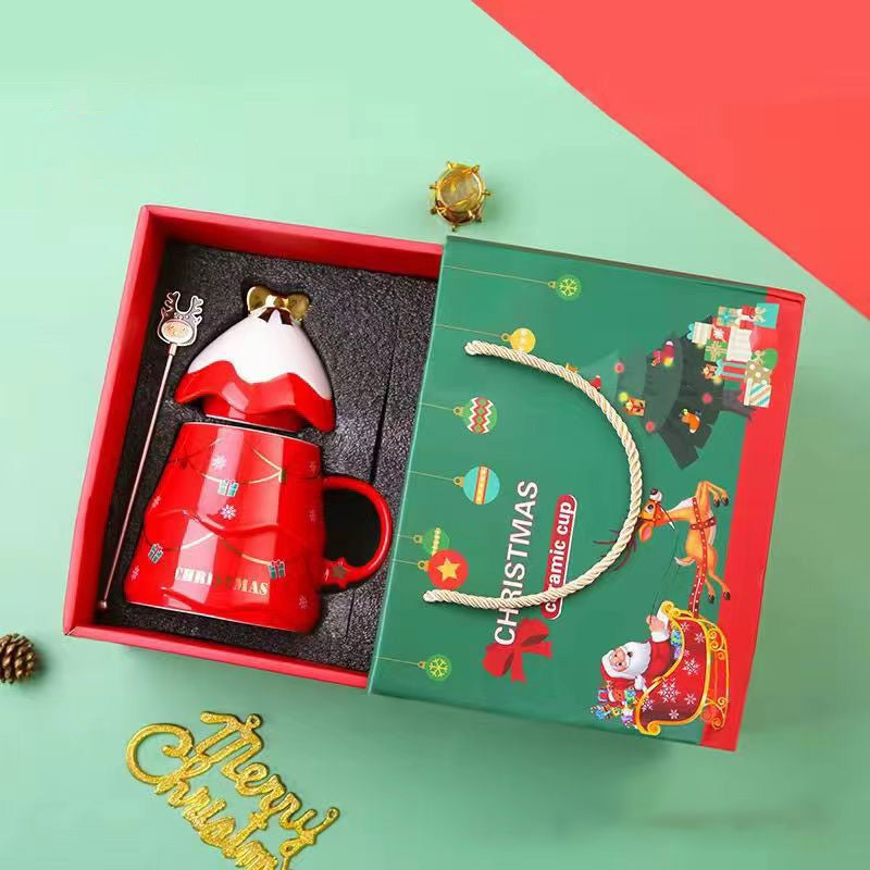 Brehn | Weihnachtsbecher Geschenk mit Deckel und Rührer Große Kapazität Keramikkaffeetasse