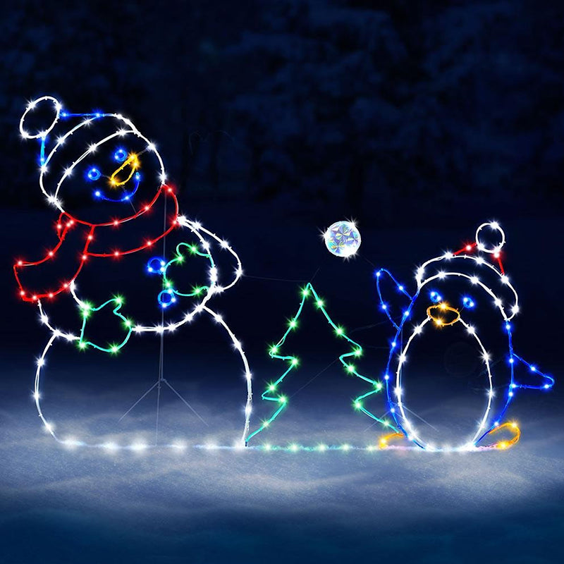 Animierte LED-Schneeballschlacht-Lichterkette | Weihnachtsdeko für draußen: Schneemann & Pinguin