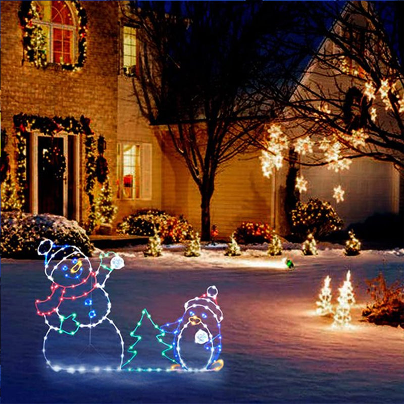 Animierte LED-Schneeballschlacht-Lichterkette | Weihnachtsdeko für draußen: Schneemann & Pinguin