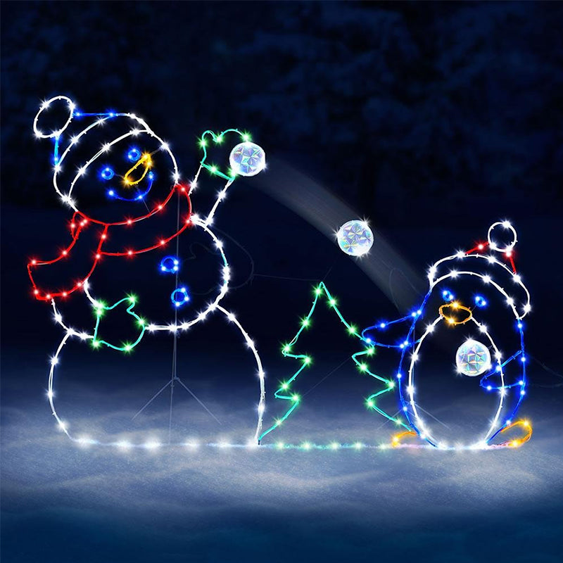 Animierte LED-Schneeballschlacht-Lichterkette | Weihnachtsdeko für draußen: Schneemann & Pinguin