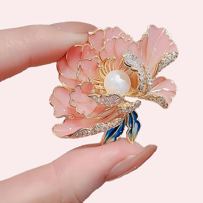 Elegante emaillierte Pfingstrosenbrosche für Damen
