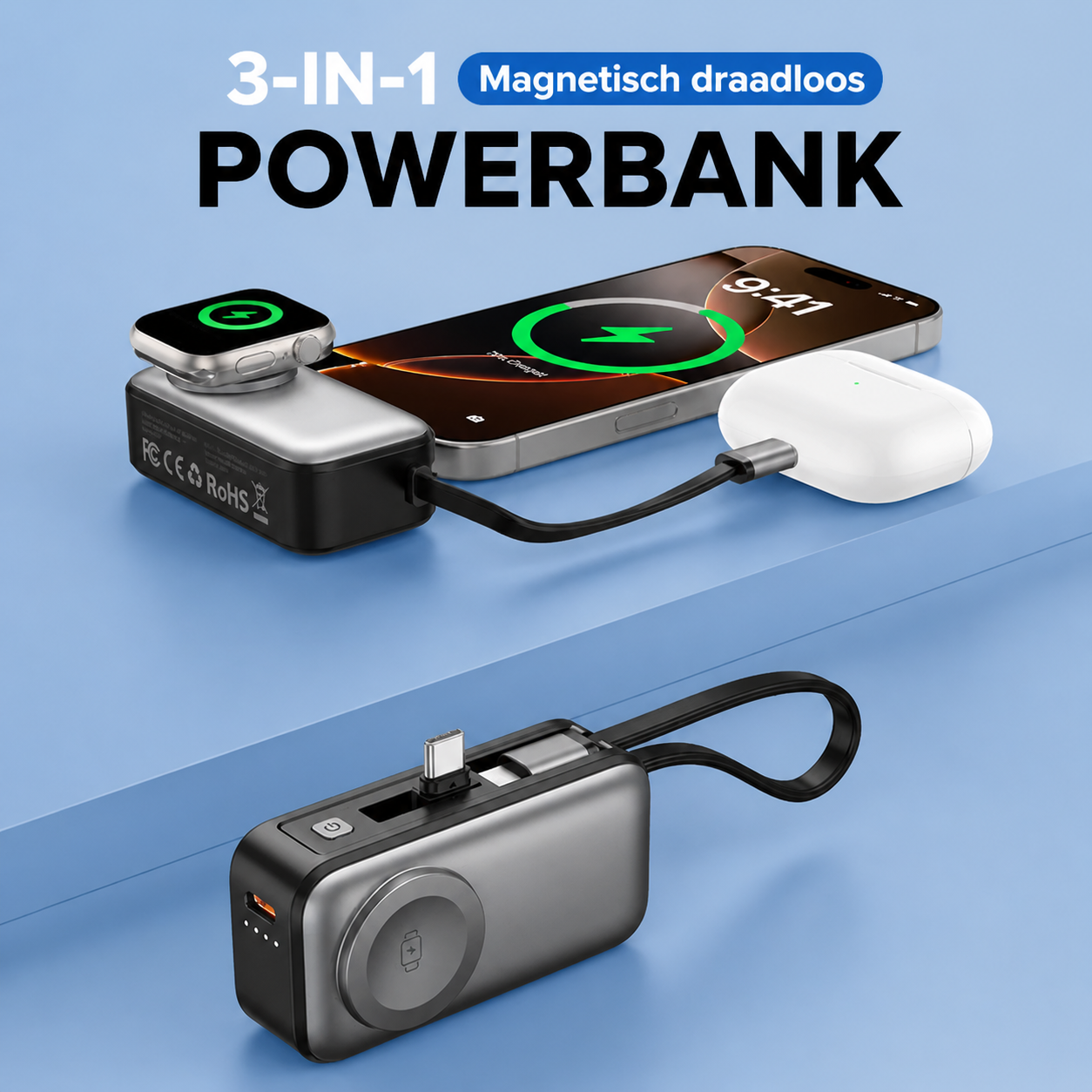 Magnetische 3-in-1 Powerbank mit kabelloser Ladung | Brehn